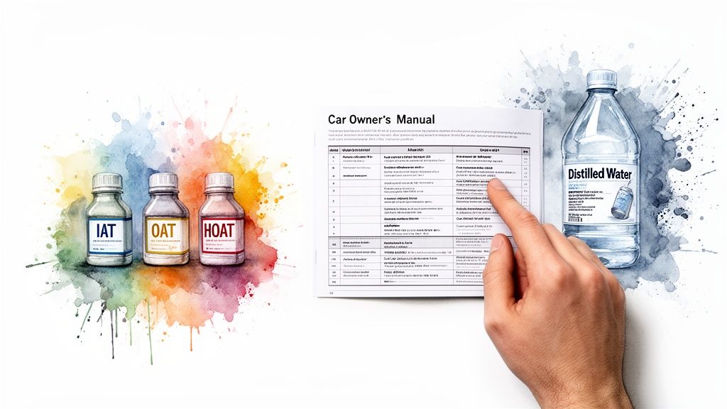 A hand points to a car owner's manual next to bottles of IAT, OAT, HOAT antifreeze and distilled water.