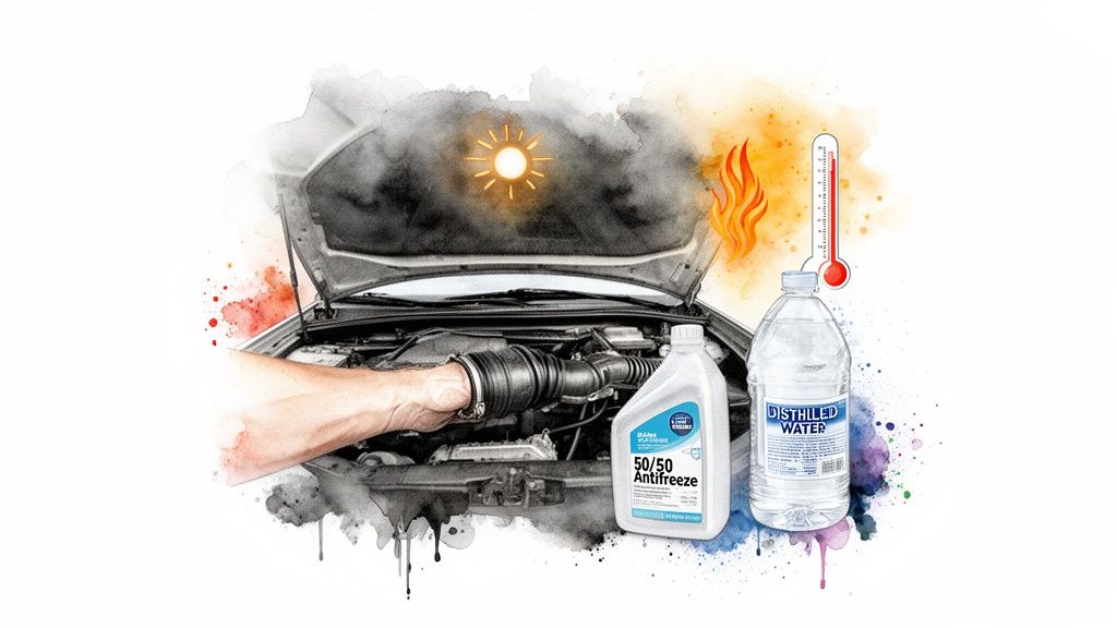 Illustration of a car engine overheating, with antifreeze and distilled water bottles for coolant.