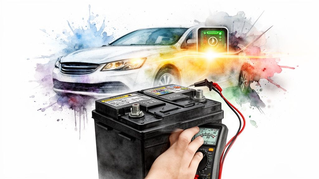 A hand uses a multimeter to test a car battery, with a stylized car background.
