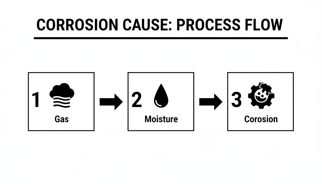 Flowchart illustrating the cause of corrosion: gas combines with moisture leading to corrosion.