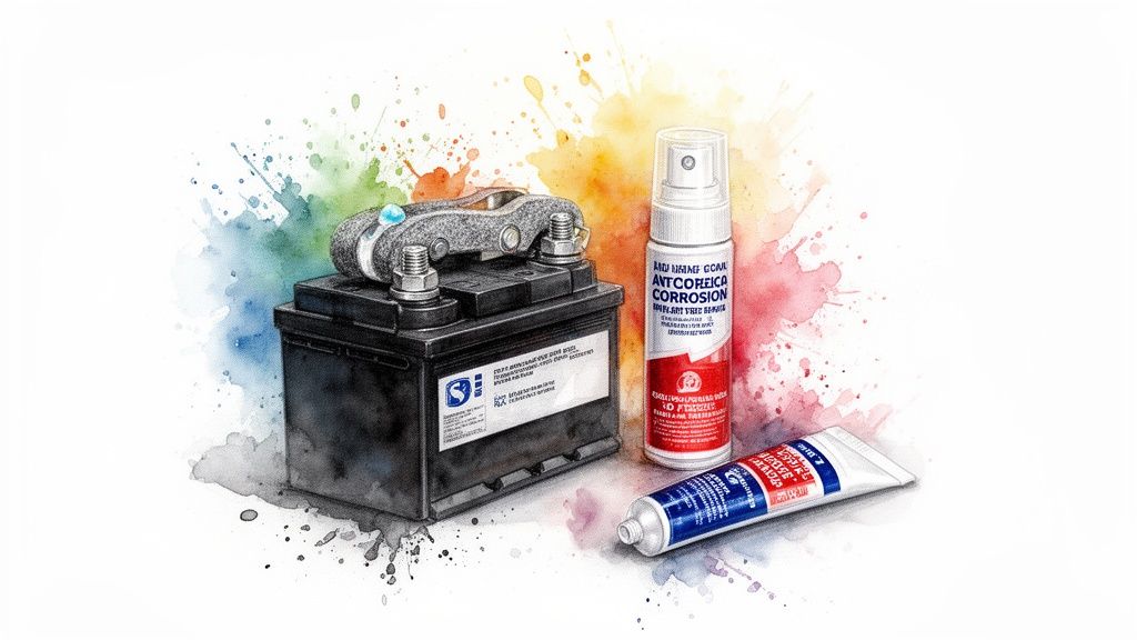 Watercolor illustration showing a car battery, connection straps, anti-corrosion spray, and grease tube.
