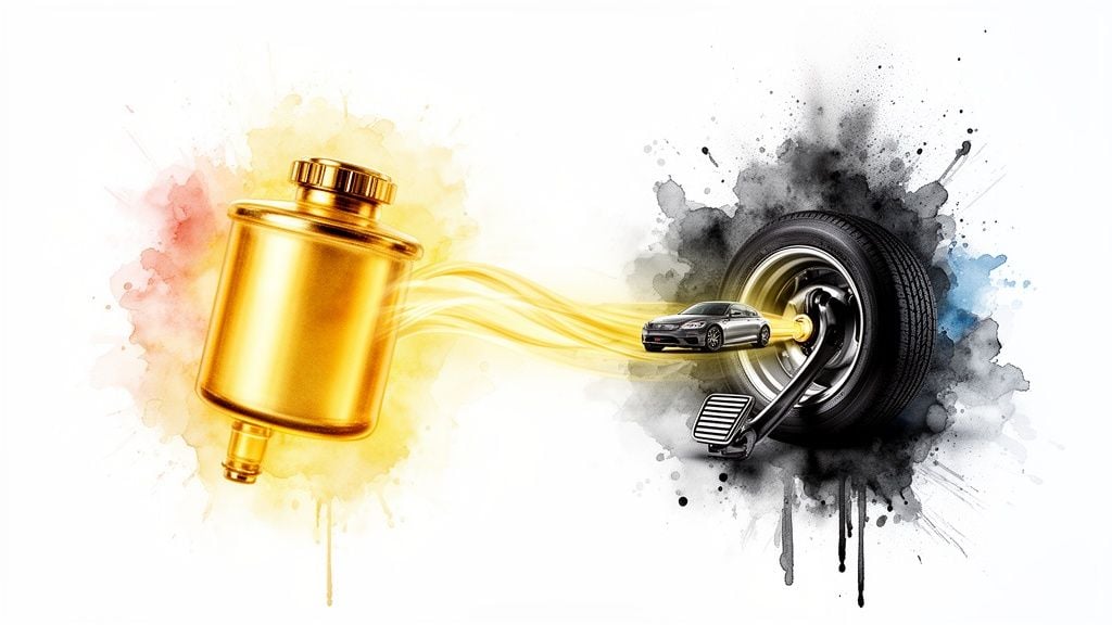 Automotive illustration showing golden fluid from a reservoir flowing to a car's brake system.