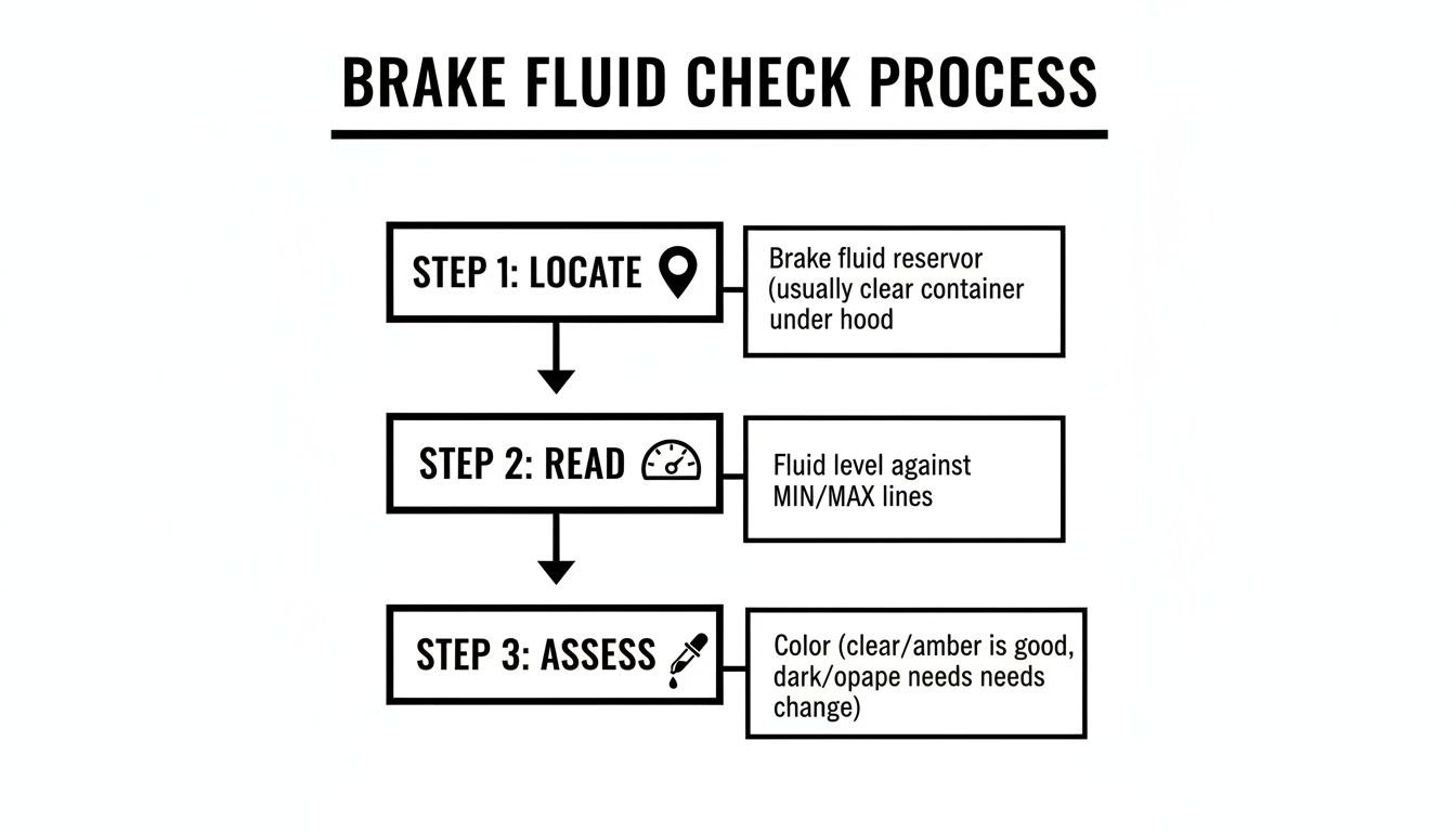 Flowchart detailing a three-step brake fluid check process, including locate, read level, and assess color.