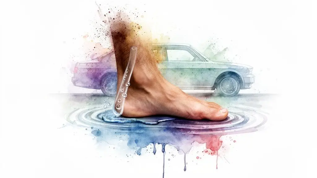 Artistic watercolor illustration of a human foot, clear fluid tube, and a car, symbolizing brake fluid.