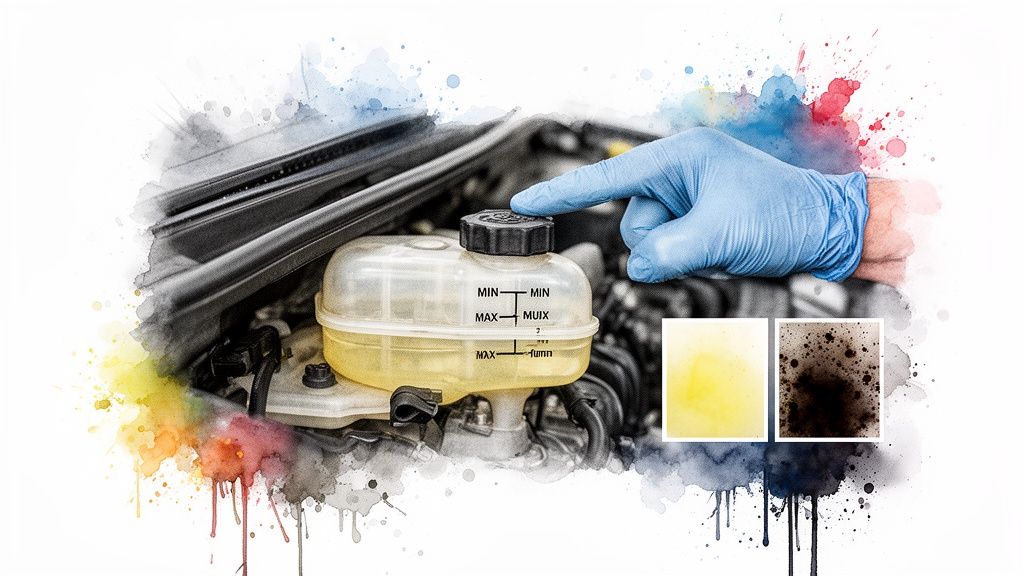 Gloved hand checking brake fluid level in car reservoir, comparing clean and dirty fluid samples.