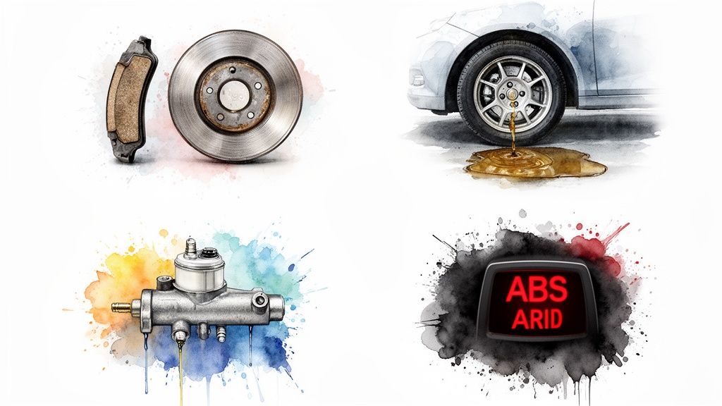 Automotive collage showing brake disc, pad, leaking car fluid, master cylinder, and ABS warning light.
