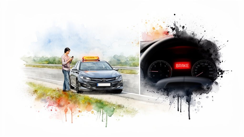 A woman uses her phone by a broken-down car with a 'BRAKE' warning light illuminated on the dashboard.
