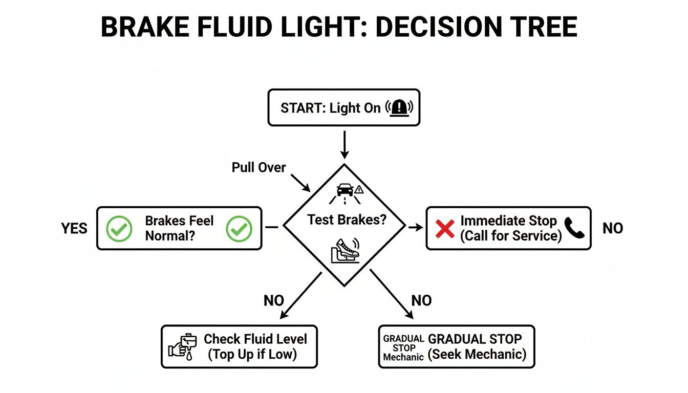 Brake fluid warning light decision tree showing steps to take, from testing brakes to seeking service.