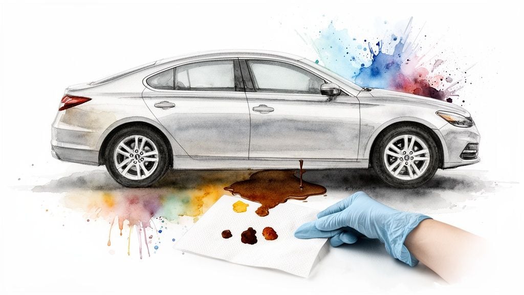 Watercolor illustration of a silver car with brown fluid leaking underneath, being wiped by a gloved hand.