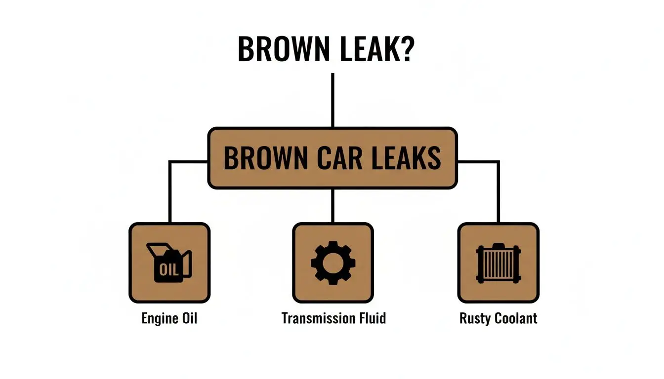 Diagram illustrating brown car leaks, identifying engine oil, transmission fluid, and rusty coolant as causes.