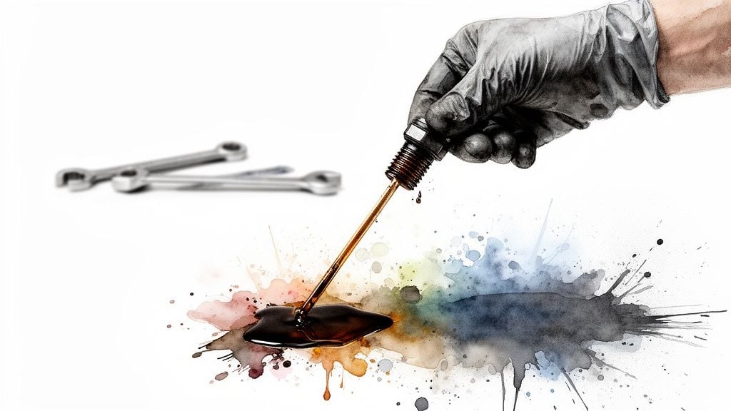 A gloved hand drips brown fluid onto colorful watercolor splashes with blurred wrenches.