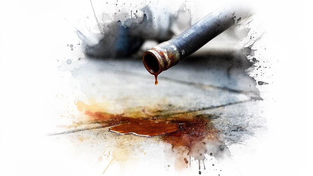 Rusty pipe dripping brown fluid onto concrete, forming a puddle with watercolor effect.