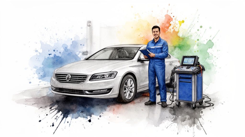 A smiling car mechanic in blue uniform holds a clipboard next to a white car and diagnostic machine.