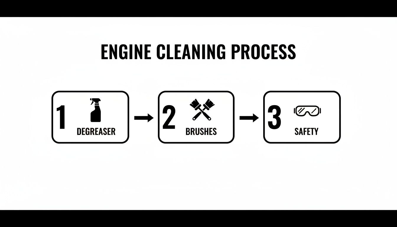 A three-step infographic for engine cleaning process showing degreaser, brushes, and safety.