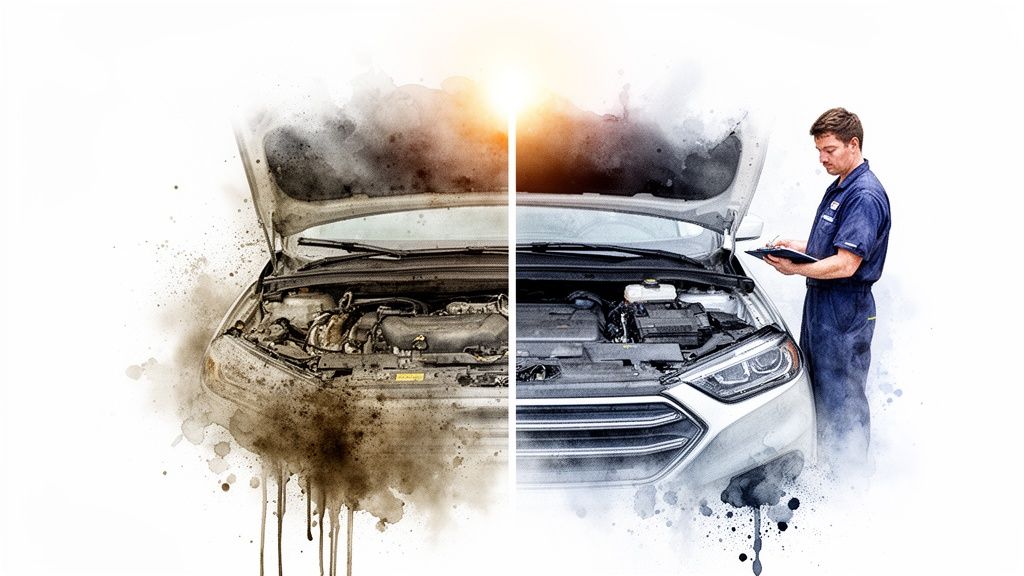 A car engine before and after cleaning, with a mechanic inspecting the clean side.