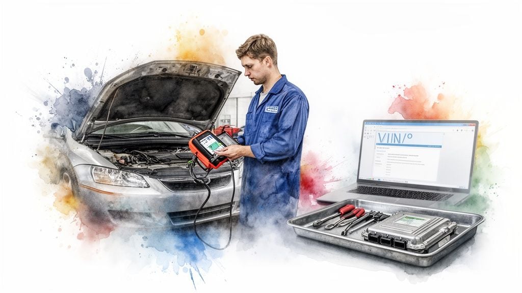 A mechanic diagnosing a car engine with a tool, laptop, and ECU module on a tray.