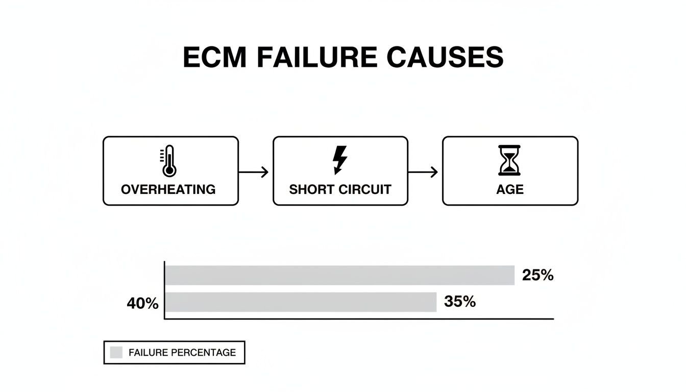 A diagram outlining ECM failure causes including overheating, short circuit, and age, with a bar chart showing failure percentages of 40%, 35%, and 25%.