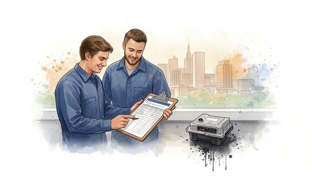 Two smiling mechanics in blue shirts discussing a checklist, an engine control module nearby, city background.