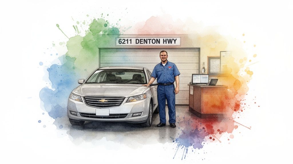 Watercolor illustration of an auto technician standing beside a silver Chevrolet car at 6211 Denton Hwy.