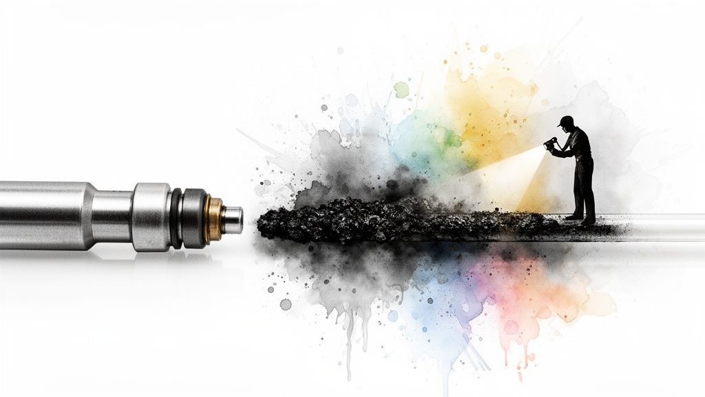 A fuel injector facing a pile of carbon buildup, with a person inspecting it with a flashlight.