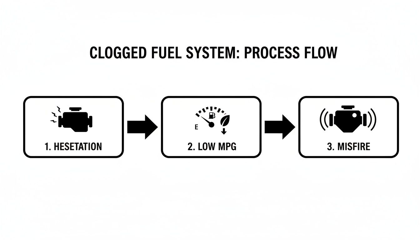 Flow chart illustrating symptoms of a clogged fuel system: hesitation, low MPG, and misfire.