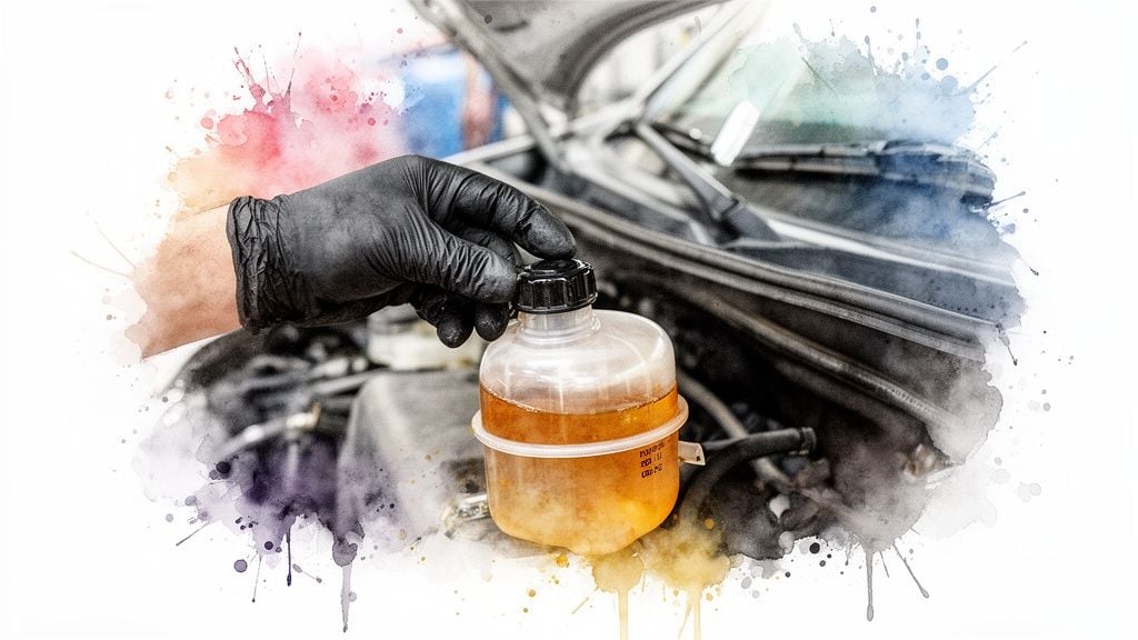Mechanic's gloved hand checking or adding fluid to a car engine with artistic watercolor splashes.