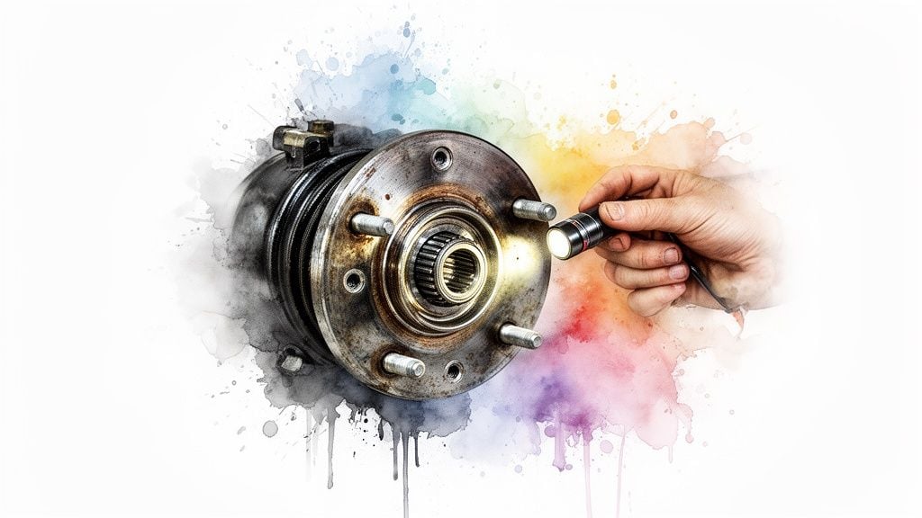 A hand inspects a rusty car wheel hub with a flashlight against a colorful watercolor background.