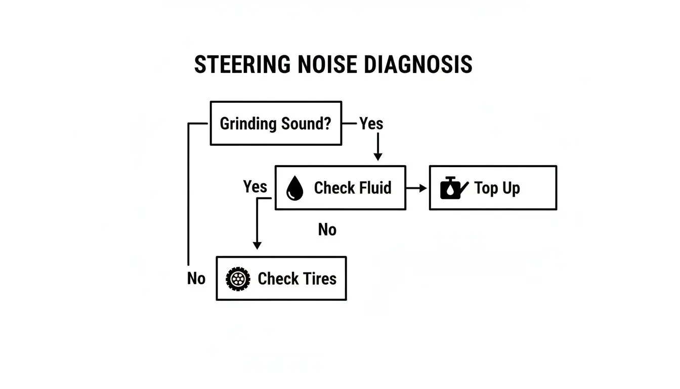 Flowchart for steering noise diagnosis, guiding users to check fluid or tires based on grinding sound.