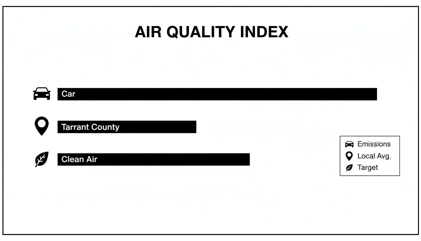 Bar chart illustrating air quality index, comparing car emissions, Tarrant County average, and clean air target.