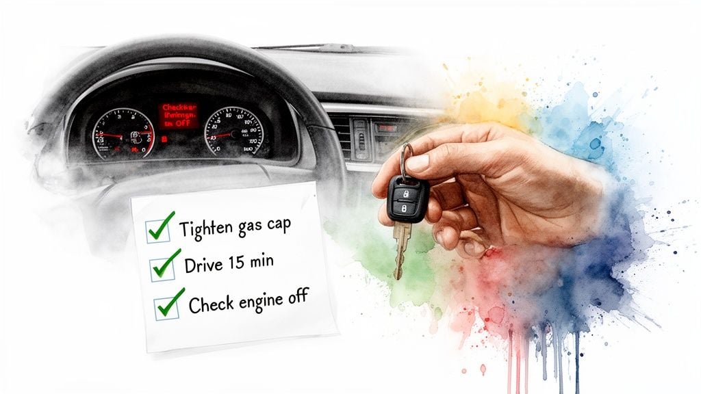 Car dashboard with check engine light, car keys, and a troubleshooting checklist.