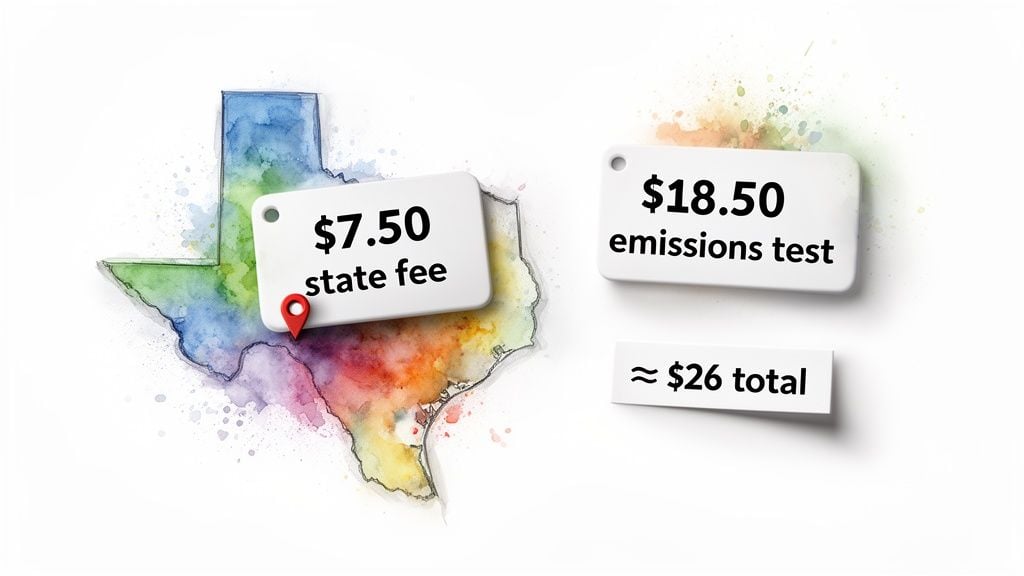 Texas map with price tags detailing vehicle inspection costs: $7.50 state fee, $18.50 emissions test, total $26.