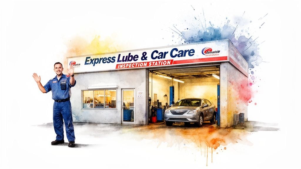 A friendly mechanic smiles and waves in front of an 'Express Lube & Car Care' inspection station with a car inside.