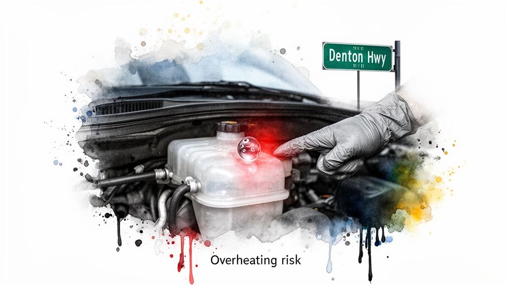 A gloved hand points to a car's glowing coolant reservoir, indicating an overheating risk near Denton Hwy.