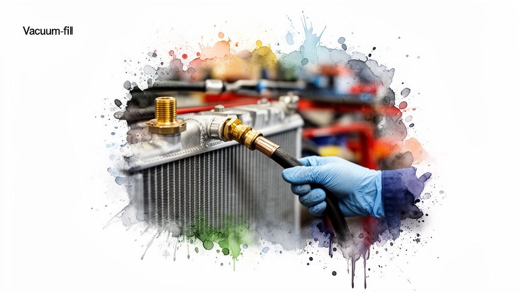 A gloved hand connects a hose to a car radiator for a vacuum-fill process, with colorful splashes.