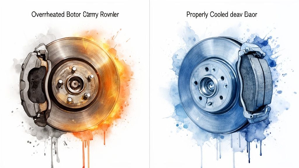 Comparison of two car brake systems: one overheated with an orange glow, one properly cooled with a blue aura.