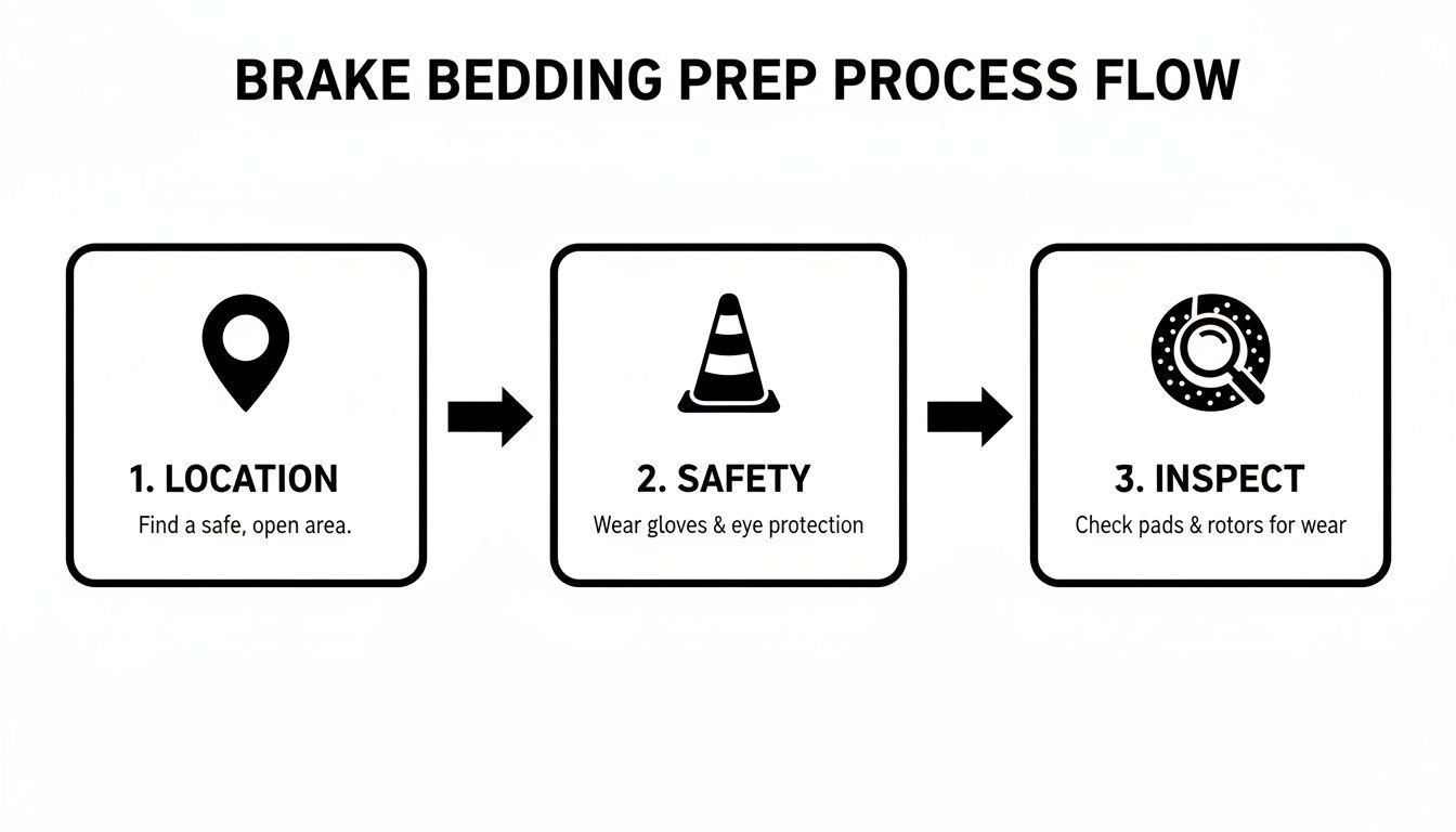 Diagram showing brake bedding prep process: find location, ensure safety, and inspect brakes.