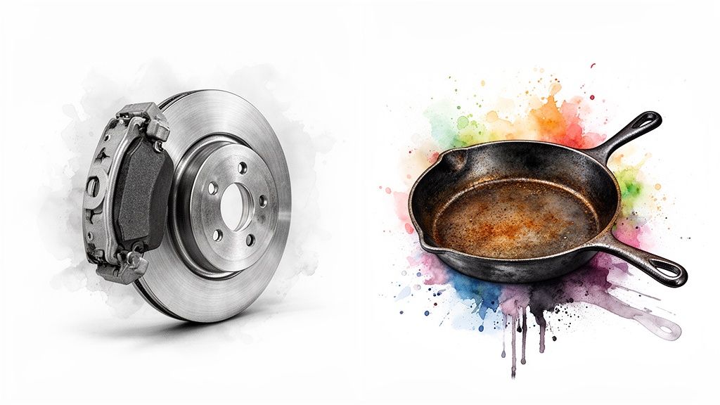 A car brake disc and caliper next to a cast iron skillet with colorful watercolor splashes.