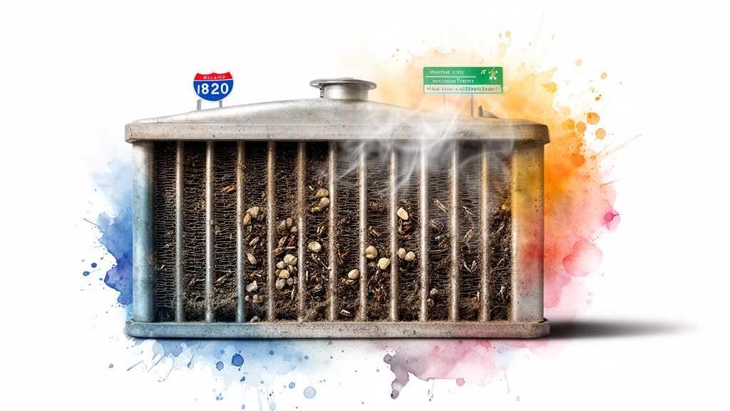 An old, dirty car radiator with steam, clogged fins, road signs, and watercolor splashes.