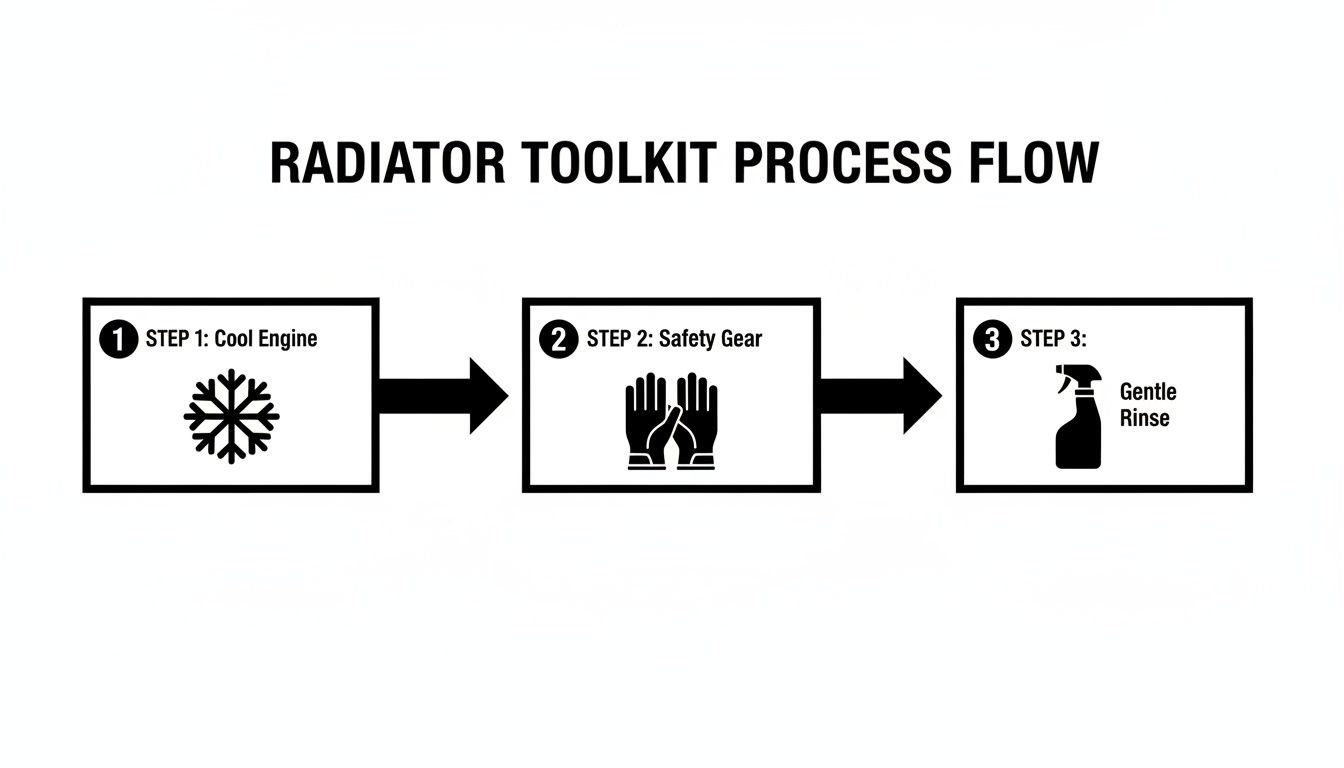 Flowchart showing radiator cleaning process steps: cool engine, wear safety gear, and gentle rinse.
