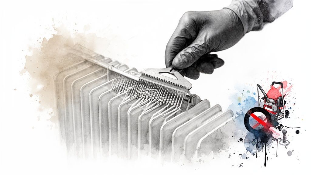 A gloved hand uses a specialized tool to meticulously clean the delicate fins of a radiator, with artistic splashes.
