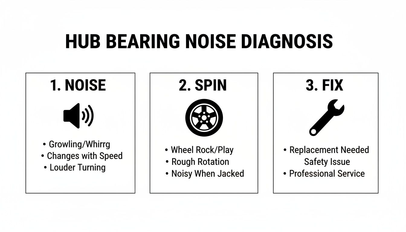 A hub bearing noise diagnosis guide showing symptoms like growling, wheel play, and the necessary fix.