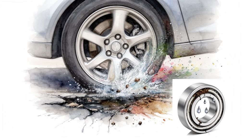 Car wheel splashing through a pothole on a cracked road, alongside a damaged, rusty hub bearing with water droplets.