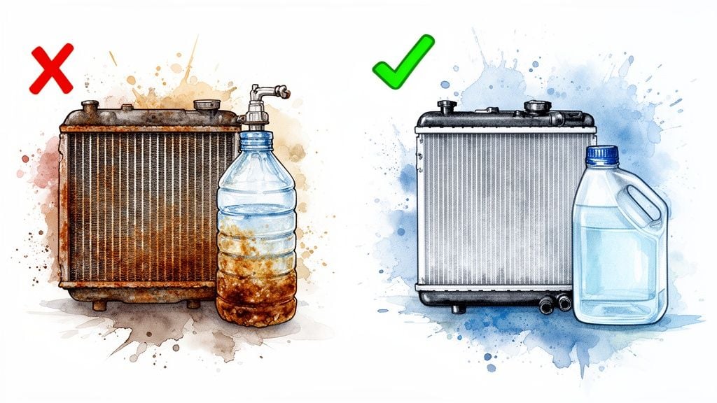 A comparison showing a rusty car radiator with dirty tap water versus a clean radiator with clear coolant.