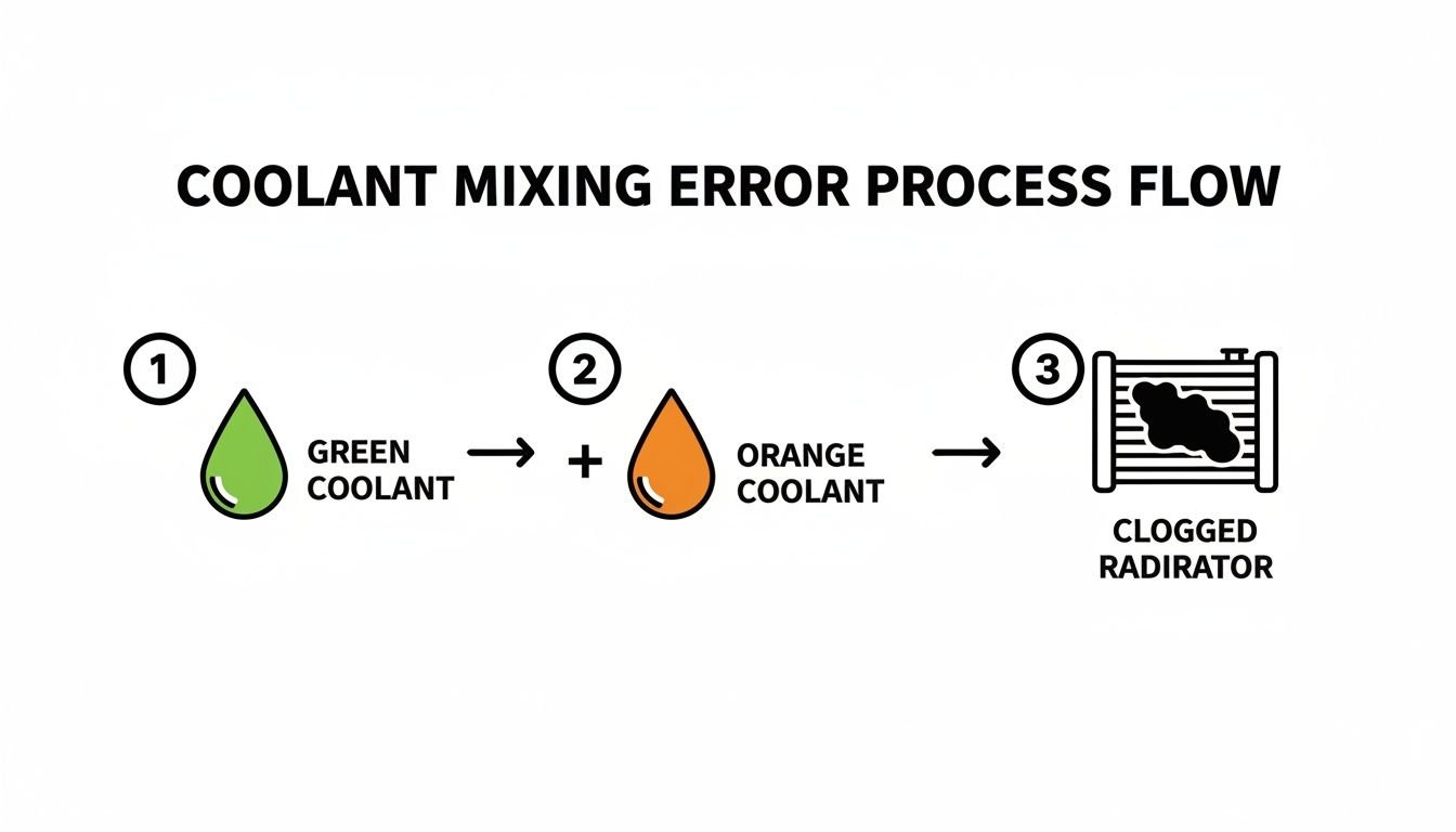 A process flow diagram shows that mixing green and orange coolants results in a clogged radiator.