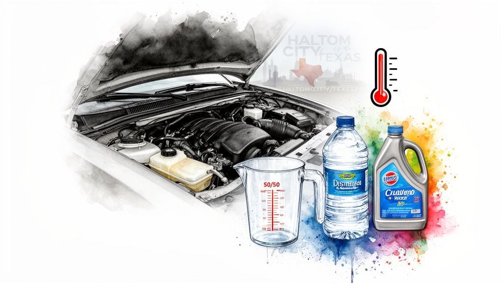 Illustration of a car engine bay with distilled water, coolant, a measuring cup, and thermometer.