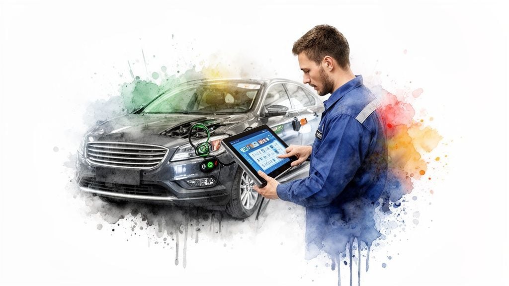 Mechanic in blue uniform uses a tablet for car diagnostics with connected equipment.