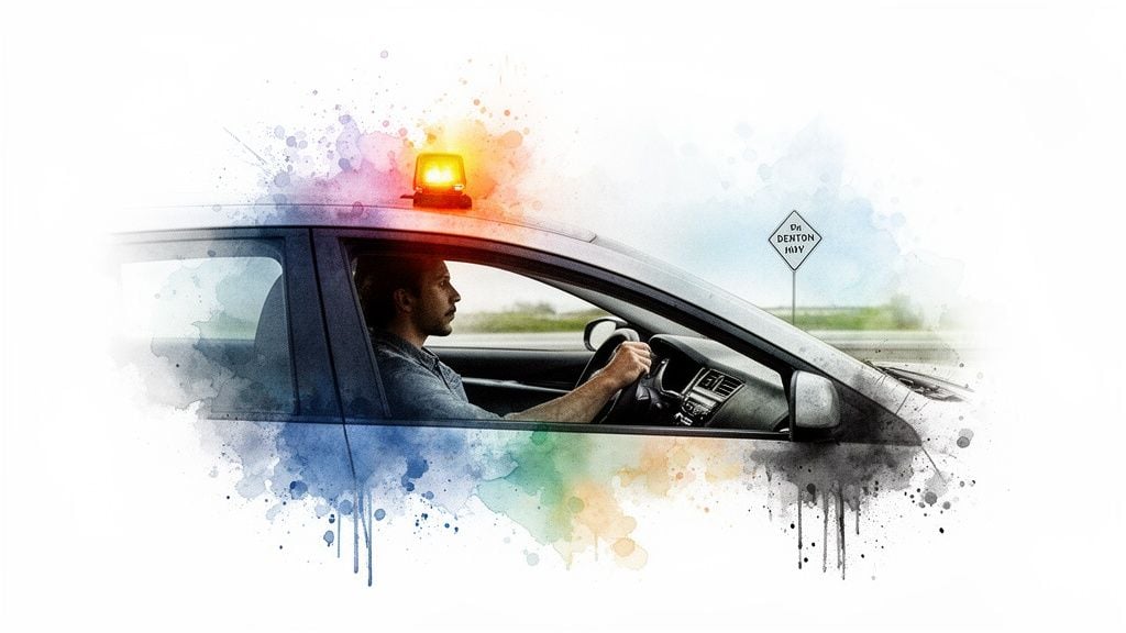 A man drives a car with a yellow beacon light, surrounded by colorful watercolor splashes and a road sign.