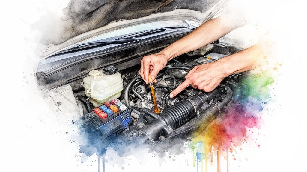 A person's hands checking the oil level in a car engine with a dipstick, with watercolor art.