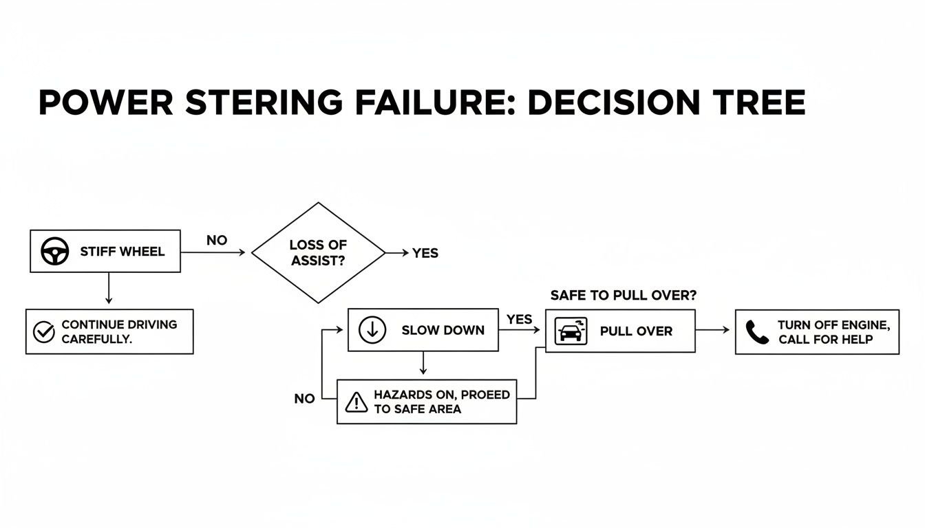 A flowchart for power steering failure: stiff wheel leads to driving carefully; loss of assist requires slowing down and pulling over.