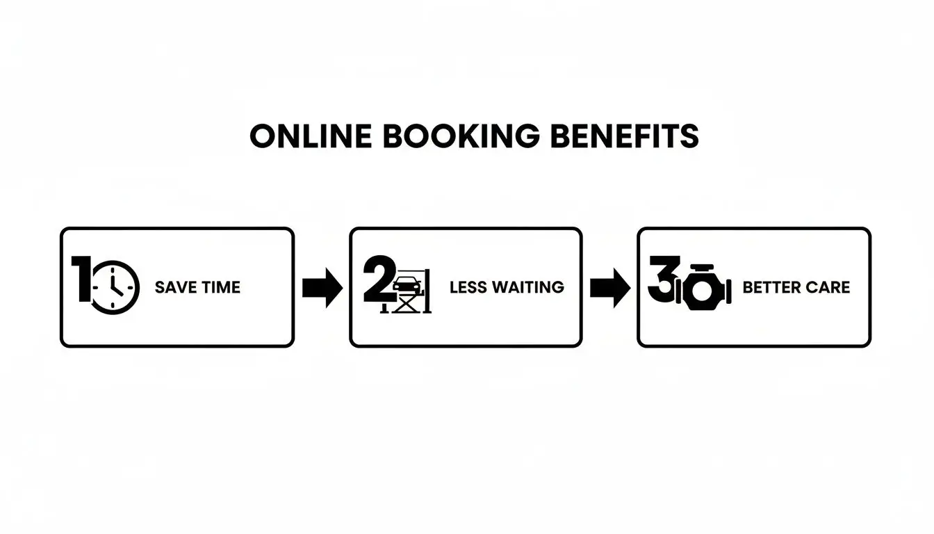 Visualizing three benefits of online booking: save time, less waiting, and better car care.